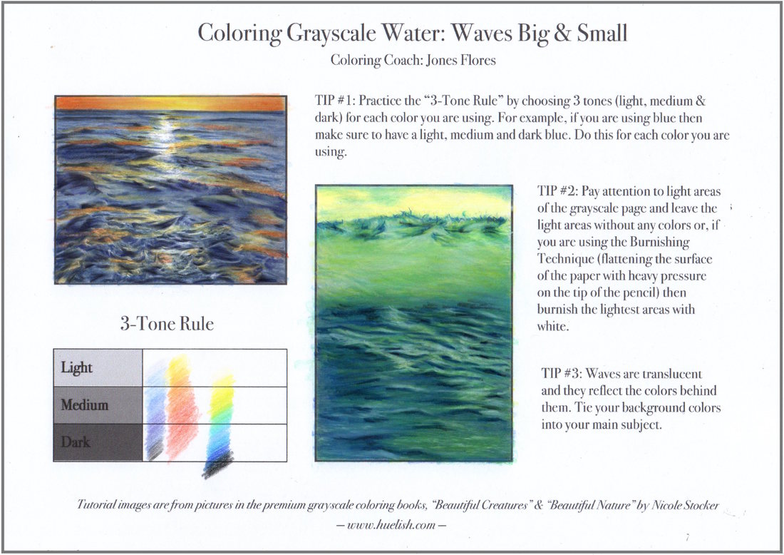 The completed practice sheet by Jones Flores for the color-along tutorials on coloring water: waves big & small.